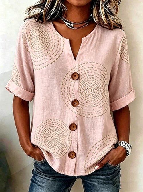 Linnen blouse met geometrisch patroon en V-hals