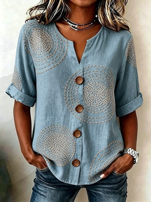 Linnen blouse met geometrisch patroon en V-hals