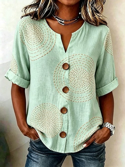 Linnen blouse met geometrisch patroon en V-hals