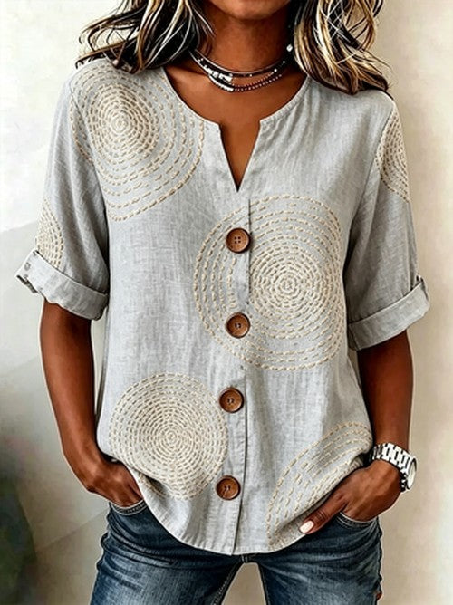 Linnen blouse met geometrisch patroon en V-hals