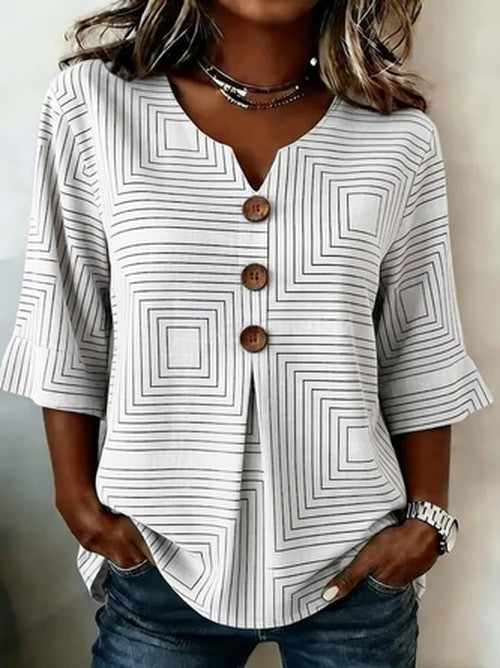 Gestreepte Blouse Halflange Mouw V-hals Zomerblauw