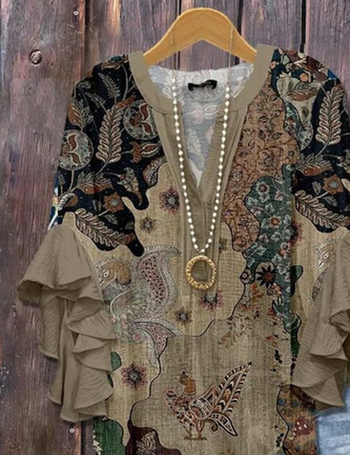 Blouse met korte mouw, V-hals, zomerprint bruin florale