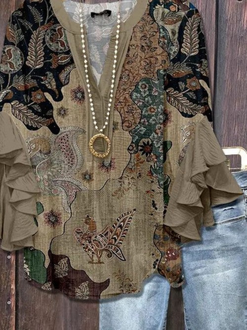 Blouse met korte mouw, V-hals, zomerprint bruin florale