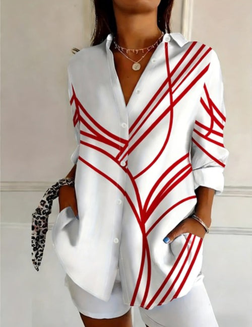 Witte blouse met abstract patroon en kraag - klassiek elegan