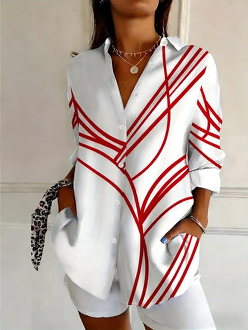 Witte blouse met abstract patroon en kraag - klassiek elegan