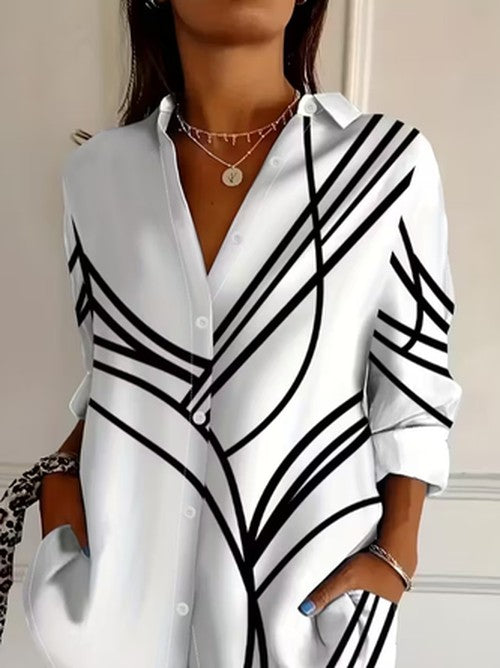 Witte blouse met abstract patroon en kraag - klassiek elegan
