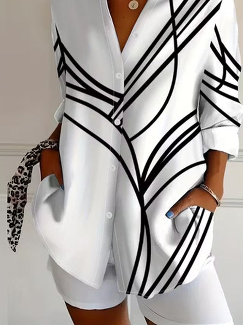 Witte blouse met abstract patroon en kraag - klassiek elegan