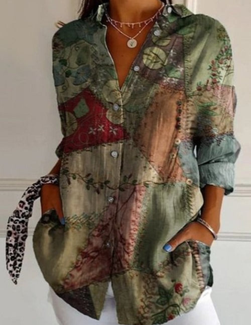 Bloemen Blouse Dames – Katoenen Overhemd met Knopen en Lange