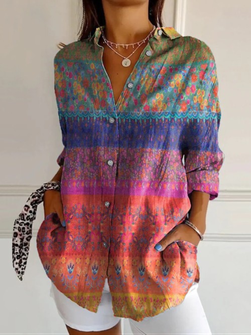 Bloemen Blouse Dames – Katoenen Overhemd met Knopen en Lange