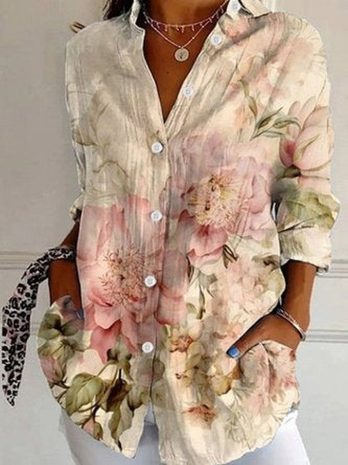 Bloemen Blouse Dames – Katoenen Overhemd met Knopen en Lange