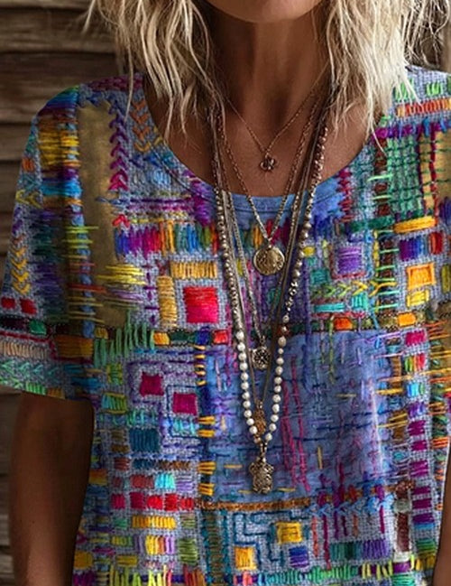 Dames T-shirt Paars Abstract Print Korte Mouw Jersey