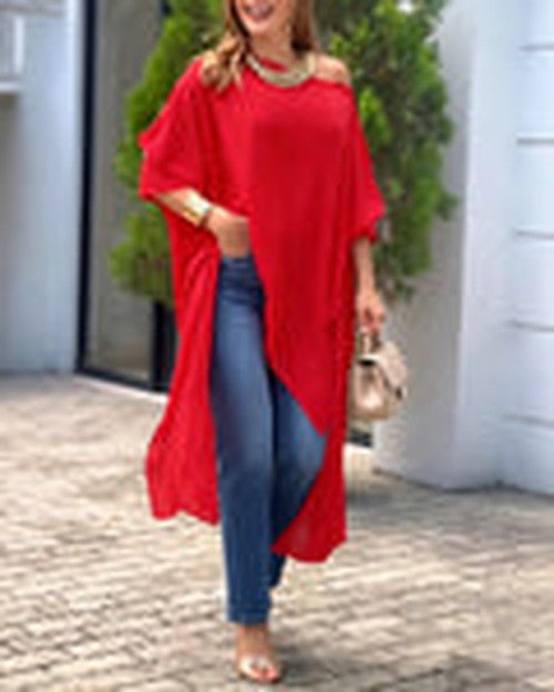 Asymmetrische Cape Blouse met Schuine Hals en Vleermuismouwe