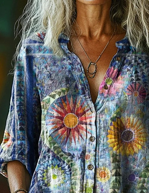 Vintage Bohemian Blouse met Bloemenprint - Katoen Linnen Mix