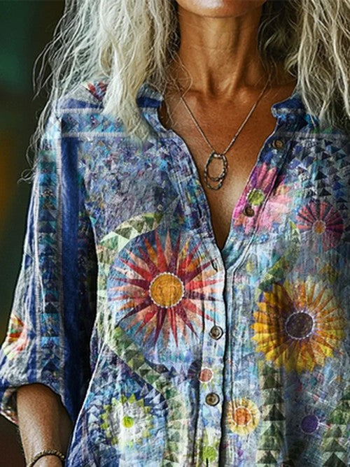 Vintage Bohemian Blouse met Bloemenprint - Katoen Linnen Mix
