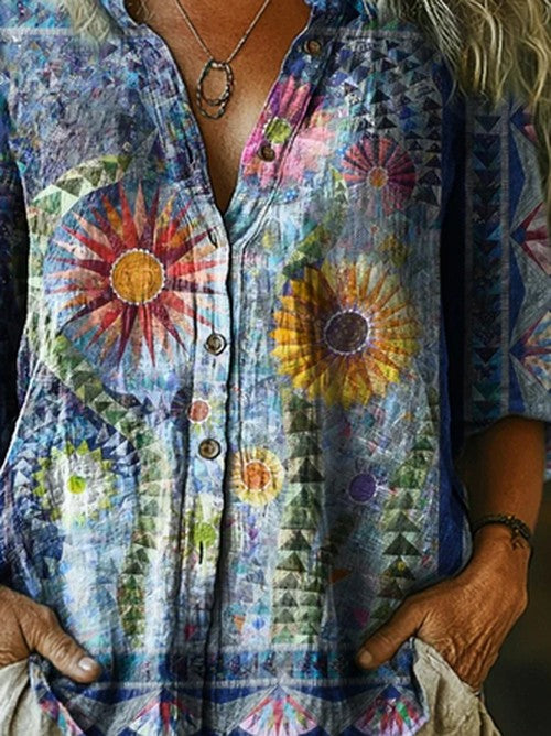 Vintage Bohemian Blouse met Bloemenprint - Katoen Linnen Mix