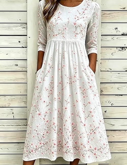 Witte Maxi Jurk met Bloemenprint en Zakken