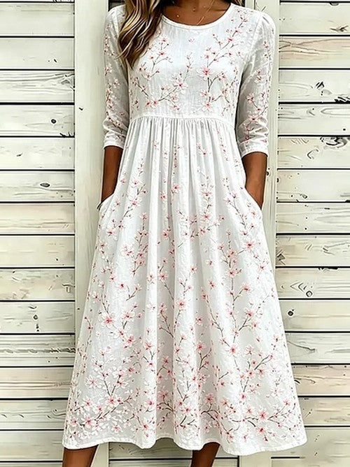 Witte Maxi Jurk met Bloemenprint en Zakken