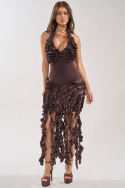 Flocked Maxi Jurk Chocoladebruin | Avond & Feest