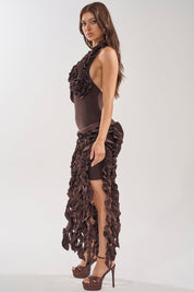Flocked Maxi Jurk Chocoladebruin | Avond & Feest