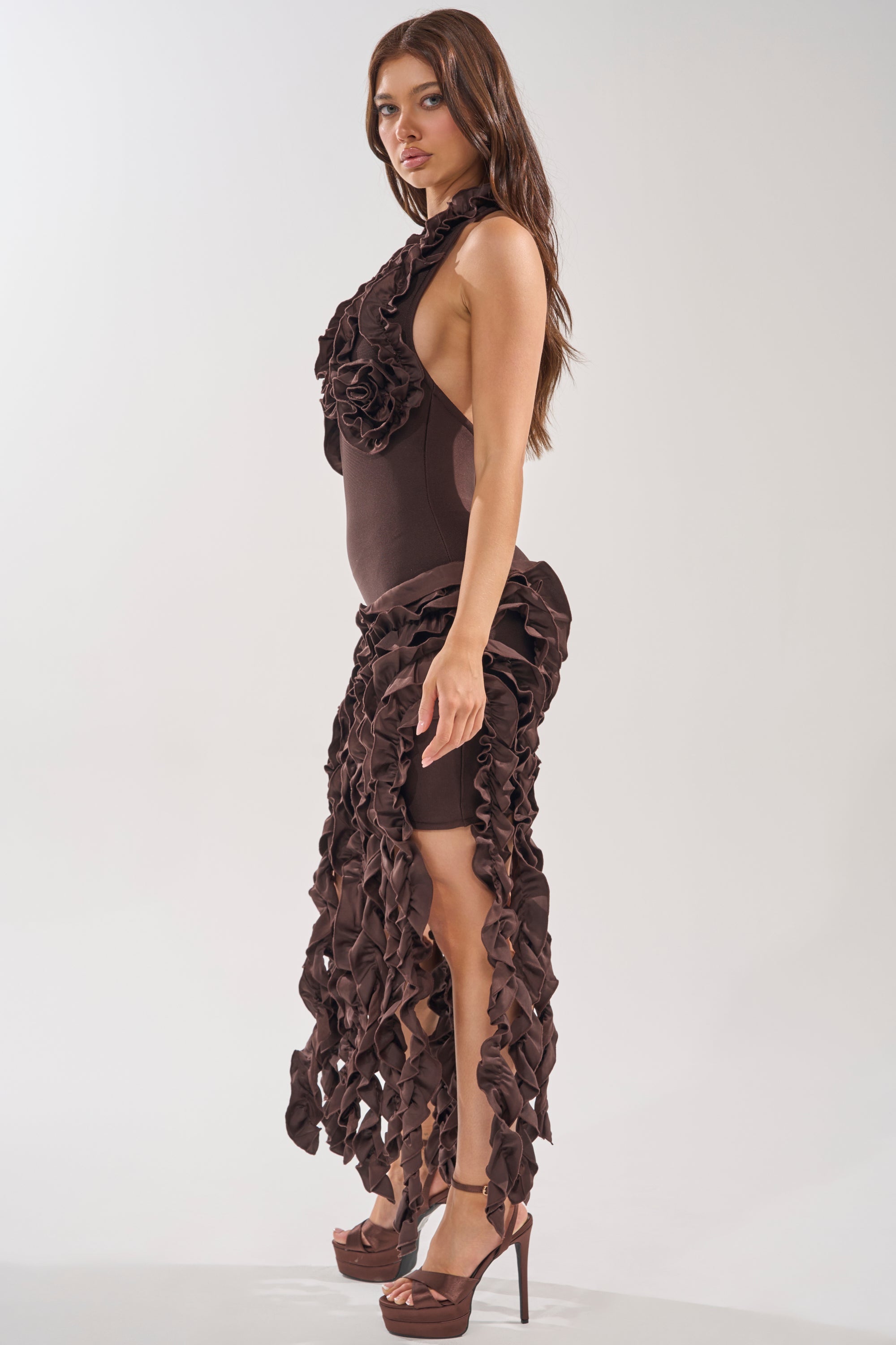 Flocked Maxi Jurk Chocoladebruin | Avond & Feest