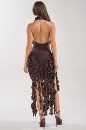 Flocked Maxi Jurk Chocoladebruin | Avond & Feest
