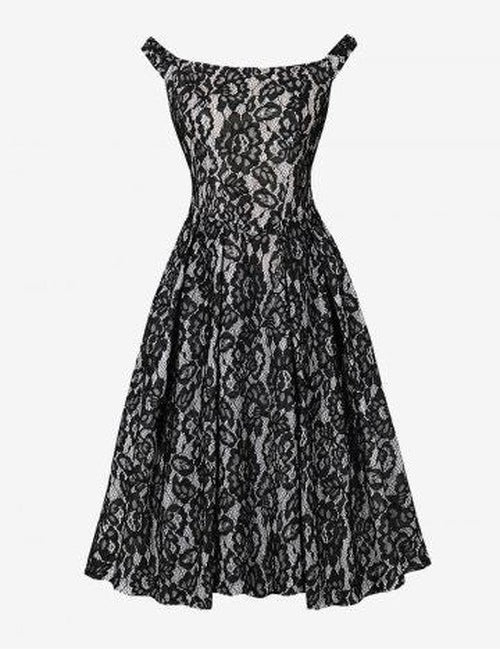 Vintage Floral Jurk met Ritssluiting en Veters - Zwart