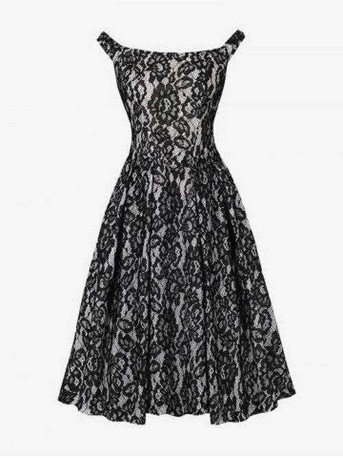 Vintage Floral Jurk met Ritssluiting en Veters - Zwart