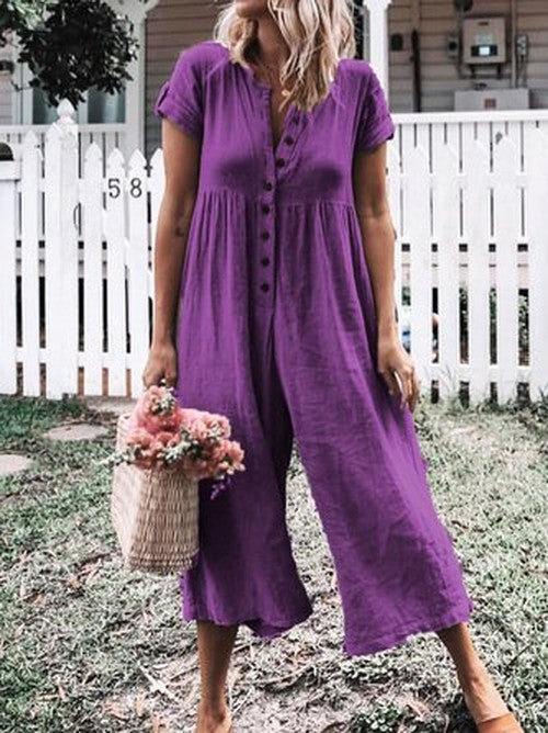 Effen Jumpsuit met Korte Mouwen voor Strand & Vakantie