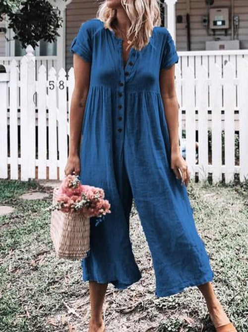 Effen Jumpsuit met Korte Mouwen voor Strand & Vakantie