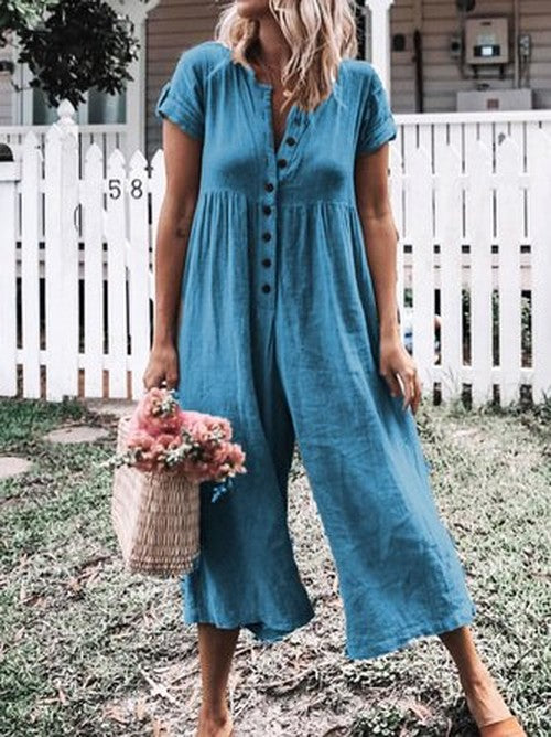Effen Jumpsuit met Korte Mouwen voor Strand & Vakantie